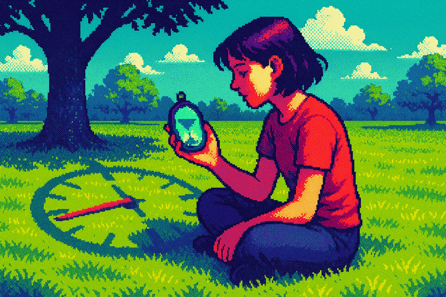 A pixel-art picture of a woman with short dark hair sitting cross-legged in a green field. She wears a red shirt and holds a small glowing hourglass in her hands. A big tree stands behind her with a blue sky and clouds. On the grass in front of her is the faint shape of a clock face, with one red clock hand lying in the grass. The style is retro and dreamlike.