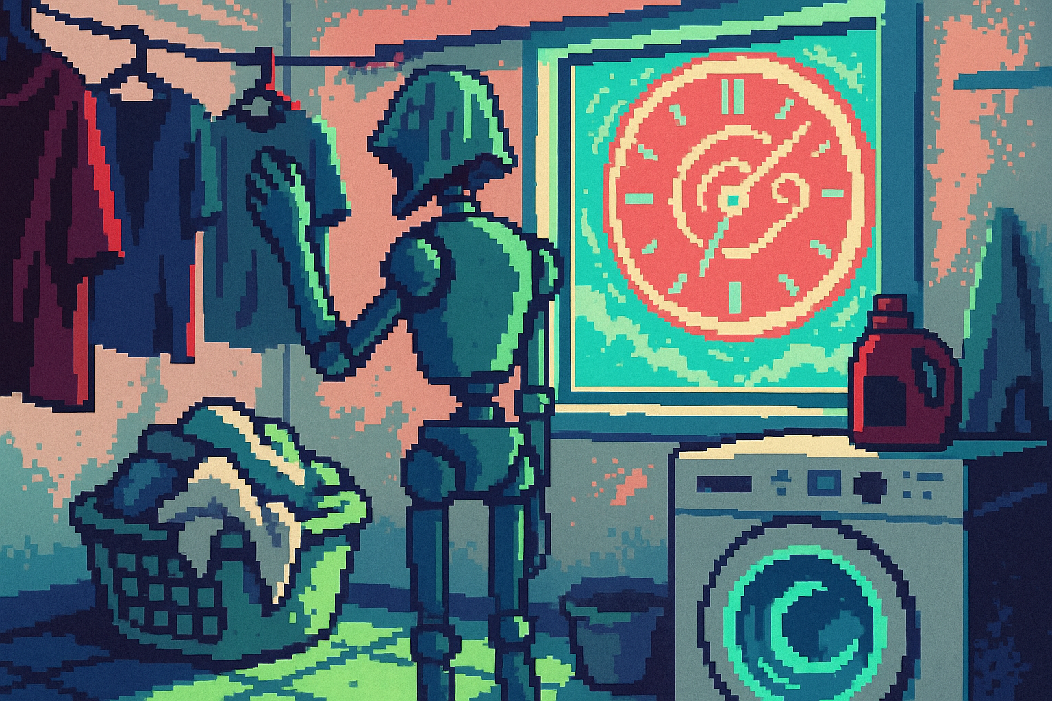 A pixel-art picture in cool blues and greens with warm pink. A robot stands in a laundry room hanging up shirts on a line. A basket of folded clothes sits nearby. On the right is a washing machine with a red soap bottle on top. A large clock hangs on the wall, showing a swirl instead of normal numbers. The style is retro and a little strange.