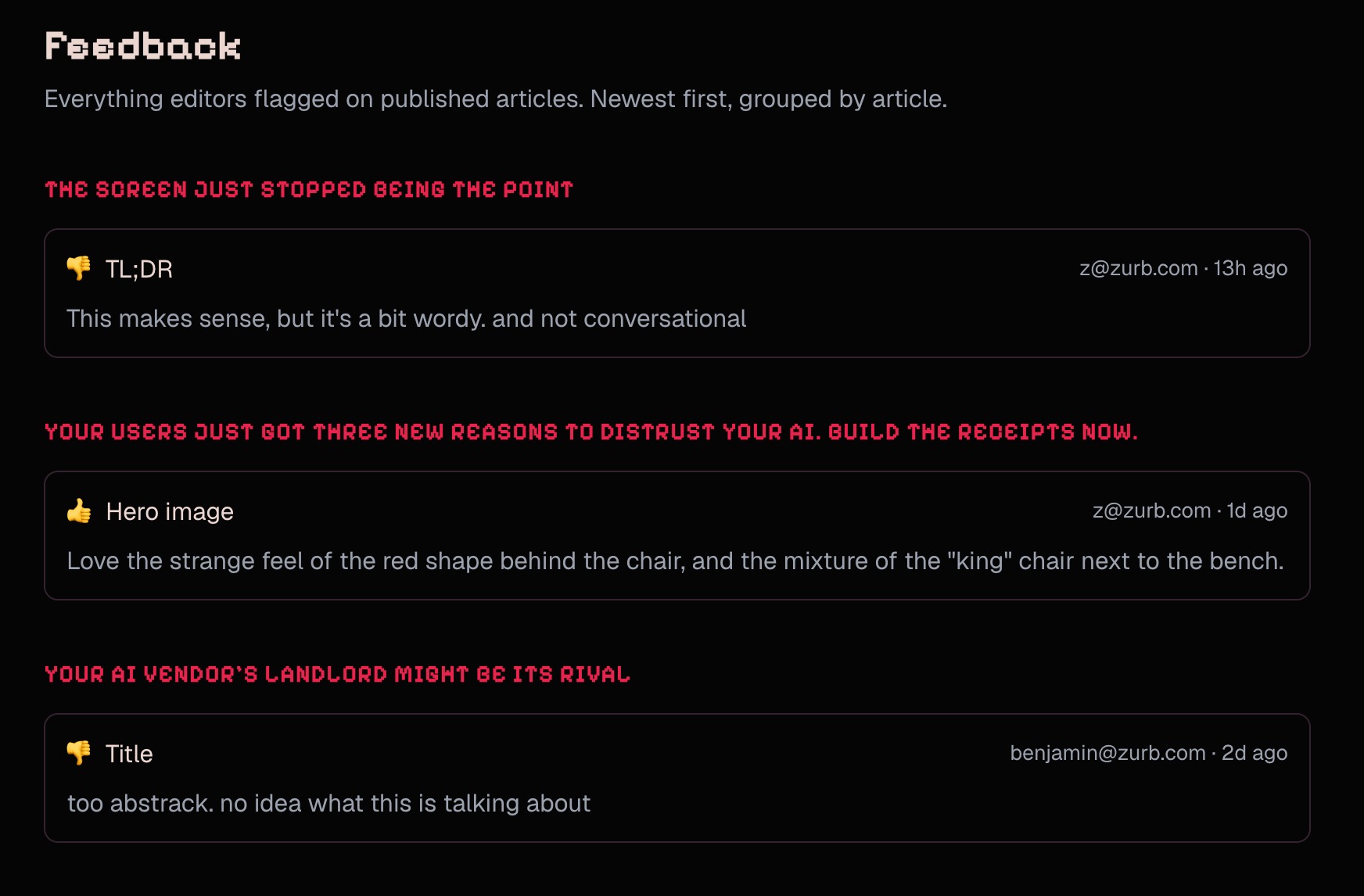A black admin screen titled "Feedback." It shows notes editors left on published articles, newest first. Each note has a thumbs up or thumbs down, a label like TL;DR, Hero image, or Title, plus who wrote it and when. One thumbs down says the writing is a bit wordy. One thumbs up likes the strange red shape in an image. Another thumbs down says a title is too abstract.