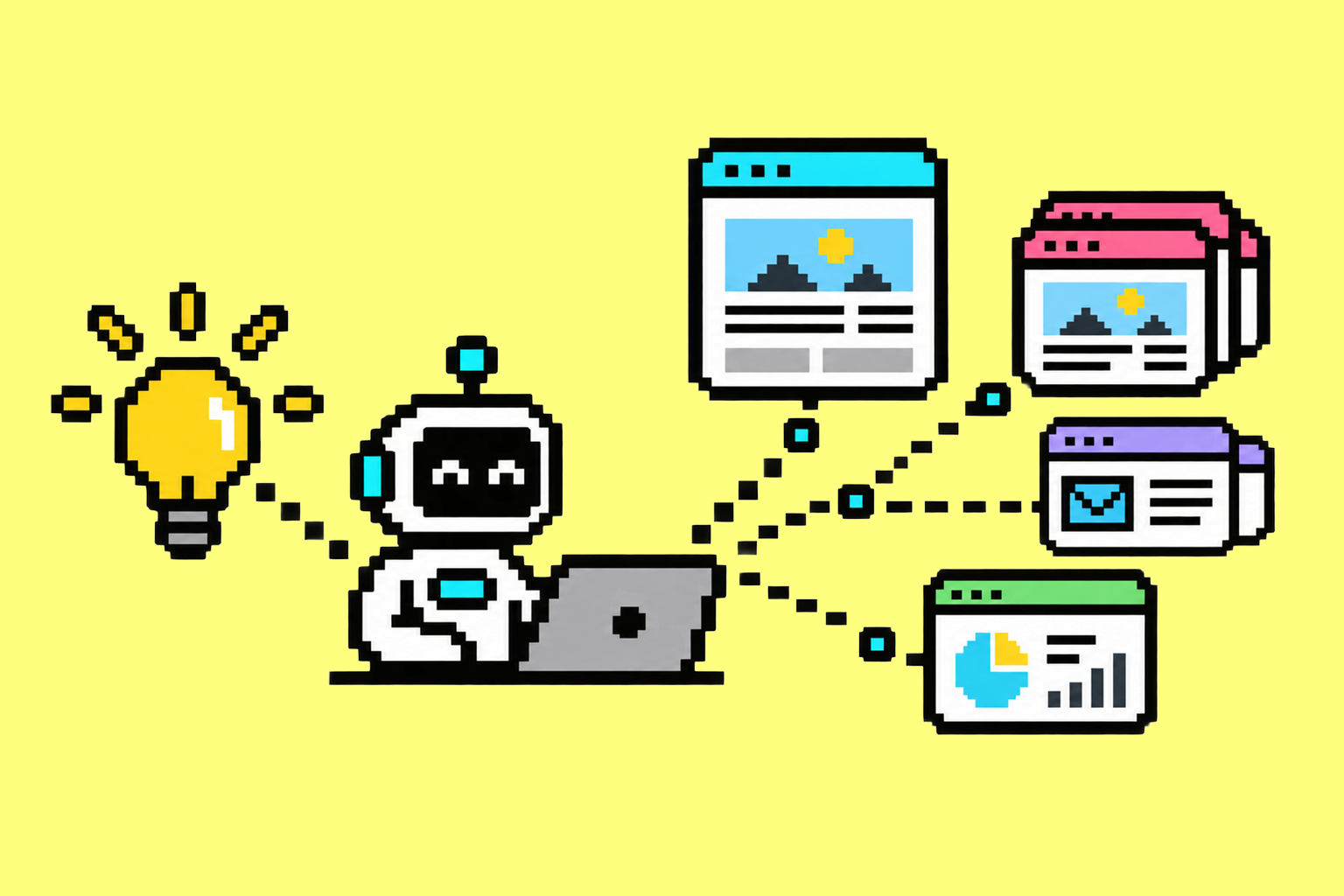 AI robot rapidly generating multiple webpage variations, showing how creating pages, tests, and ideas has become cheap and fast.