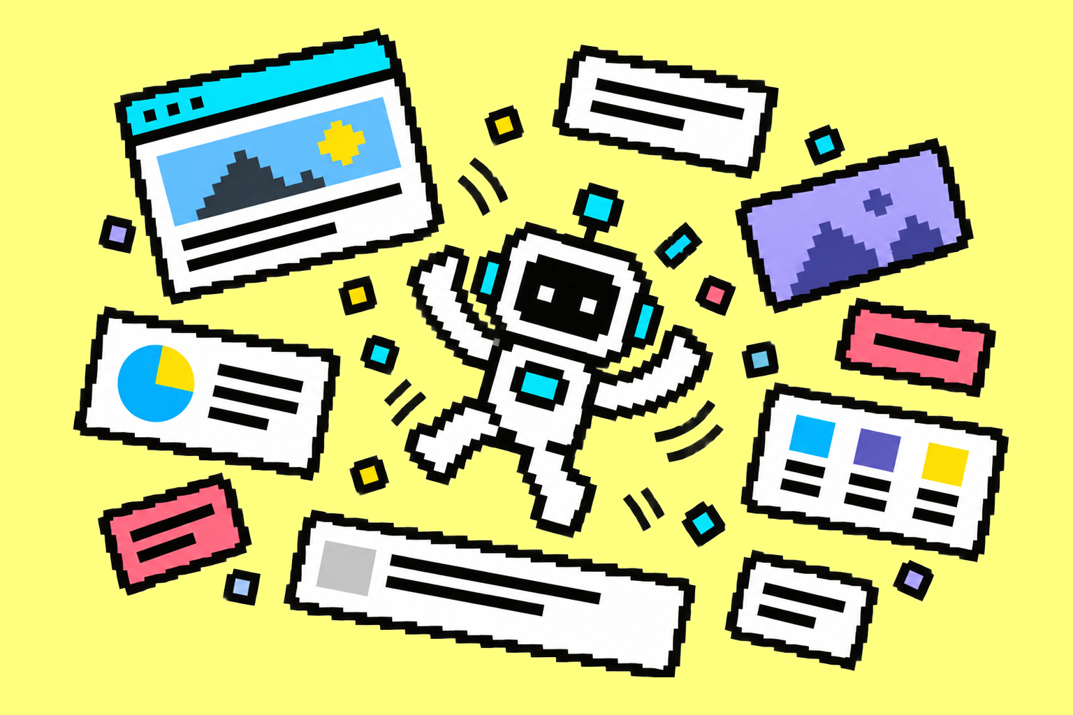 AI robot surrounded by scattered webpage sections, showing how regeneration can rearrange or restore design decisions without understanding why they were made.
