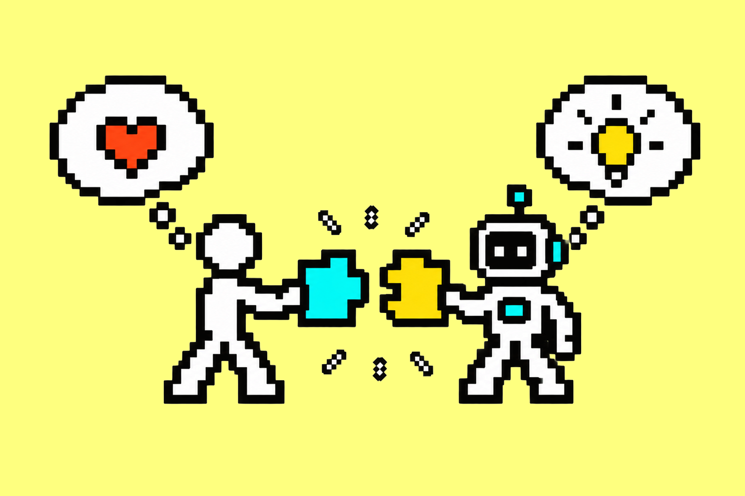 Pixel art of a human and AI connecting two pieces, showing how human judgment and AI work together.