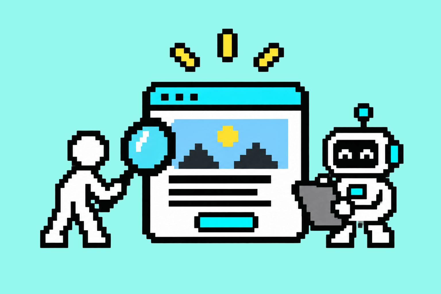 A human and AI robot reviewing one webpage together, representing an audit that combines AI speed with human evaluation.